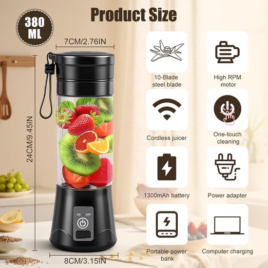 Thijox - 380ML Draagbare Elektrische Mixer - USB-entsafter - Mini Smoothie Maker voor Reizen en Sportschool - Zwart - Perfect voor Shakes en Smoothies van Thijox — afbeelding 5