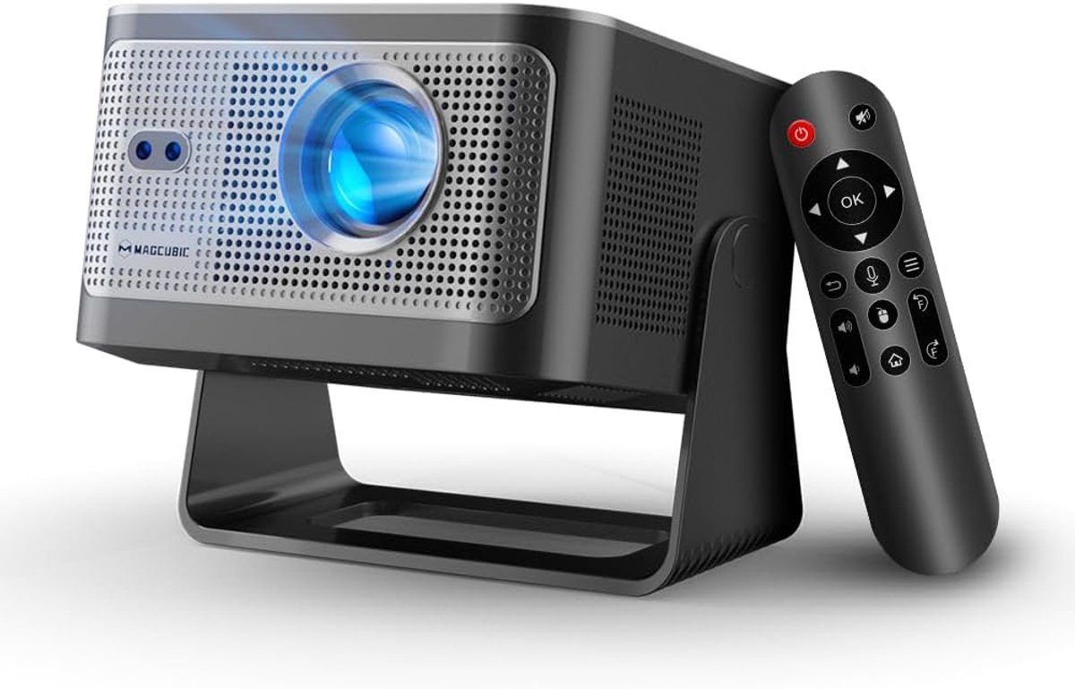 SnelShoppen - Mini-smart beamer 4K 1080P projector, draagbare wifi 6 bluetooth 5.4 autofocus, 12 W luidspreker, 180 graden draaibaar voor feest, campi