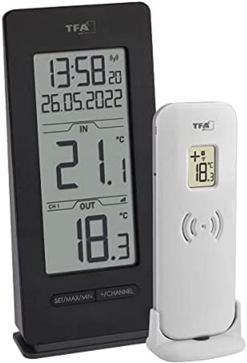SnelShoppen - Draadloze Thermometer voor Binnen en Buiten, Digitale Temperatuurmeter met Radio Klok, Datum, Max.-Min. Functie, Zwart, Voor Tuin, Campi