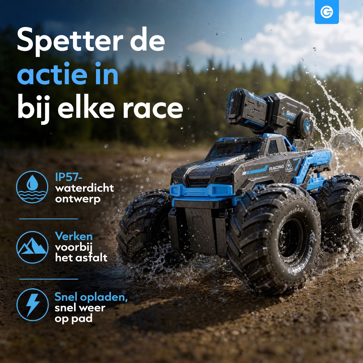 RC Bestuurbare Auto met Waterspray 15km/u - Bestuurbaar op Land en Water met Waterbestendige Afstandsbediening - RC Auto Offroad Kids- Cadeau voor Jongens & Meisjes - Afstandsbestuurbare Auto voor Buiten - Monster Truck Kinderen - Blauw - Silvergear — afbeelding 7
