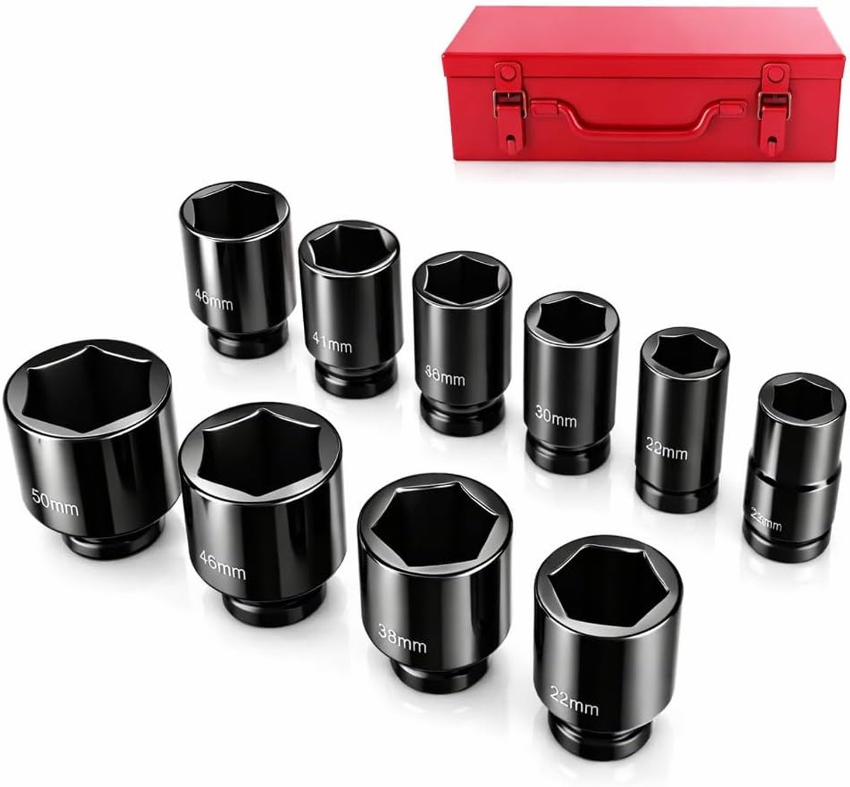 SnelShoppen - 10-Delige 3/4 Inch Ratchet Wrench Set, Hexagon Impact Socket Set, 6-Punt Sleutel, Duurzaam Cr-Mo Staal, 22-50mm, Voor Auto, Klussen en O