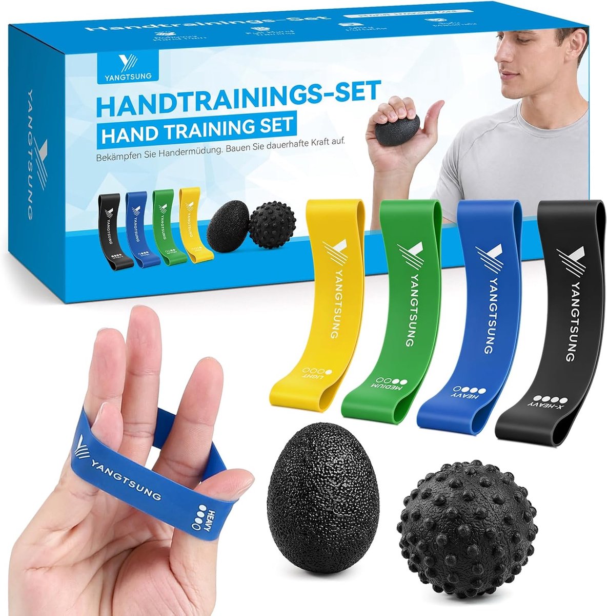 Thijox - Vingertrainer Handtrainer Set 6 Stuks, Handkracht Trainer met Vingerweerstandsband, Massagebal voor Gerichte Training, Krachtopbouw, Herstel