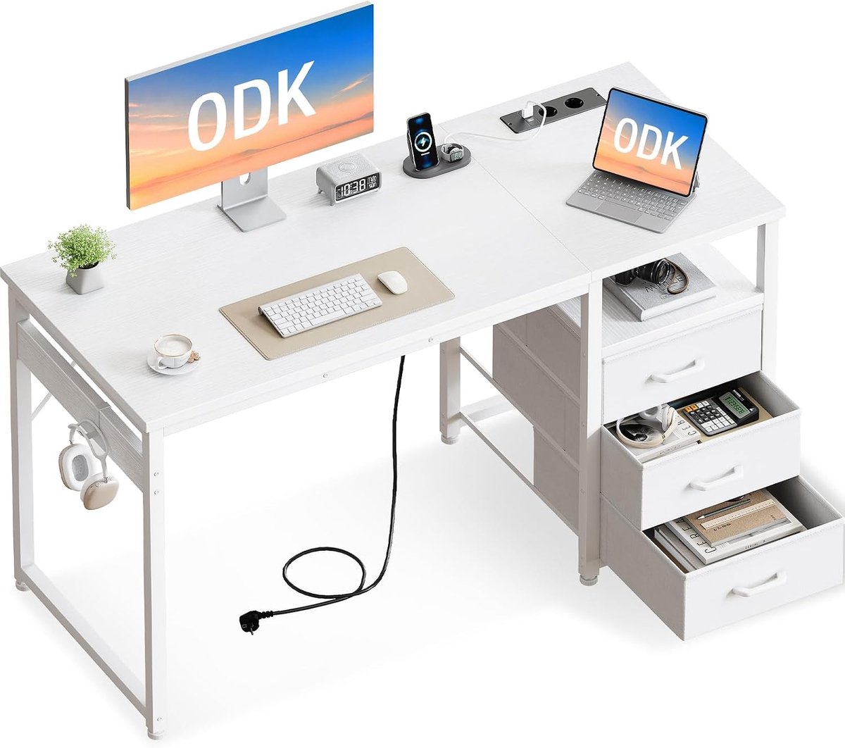 SnelShoppen - ODK Bureau met 3 Laden, Kantoor Bureau met 2 Stopcontacten en USB Poorten, Omkeerbare PC Desk, Computer Tafel (Bianco, 100x48cm)