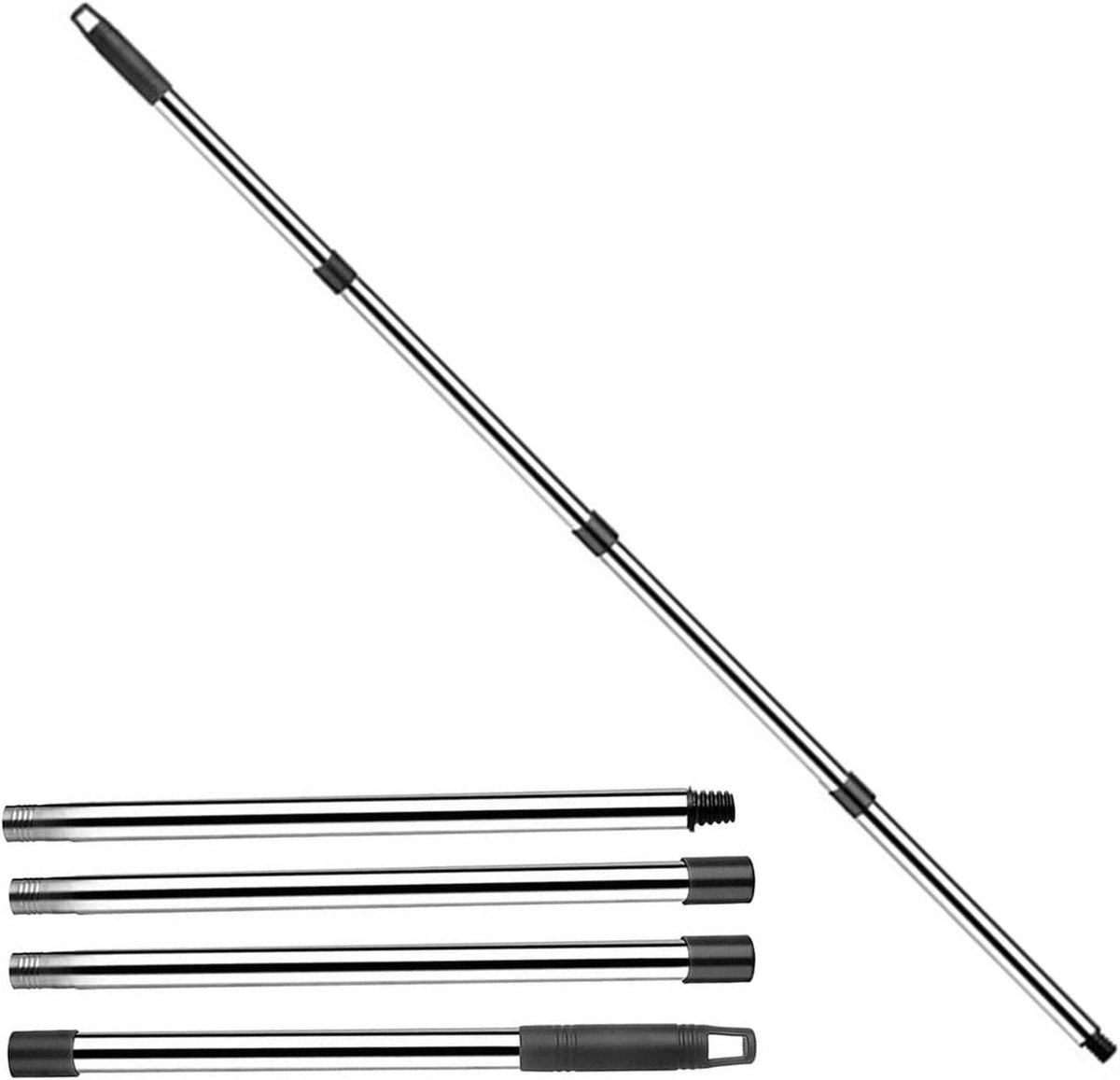 Thijox - 4-delige Telescoopstang Roestvrij Staal met Handgreep (40-144 cm) voor Het Reinigen van Ramen, Auto en Huishouden - Zilver/Zwart