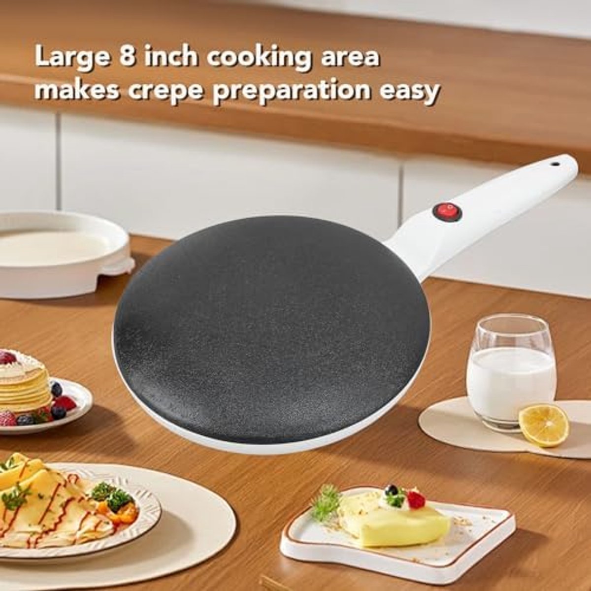 SnelShoppen - Electric Crepe Maker 8 Inch - Draadloze Crepes Maker met Antikleefplaat, Automatische Temperatuurregeling, Ideaal voor Pannenkoeken en O