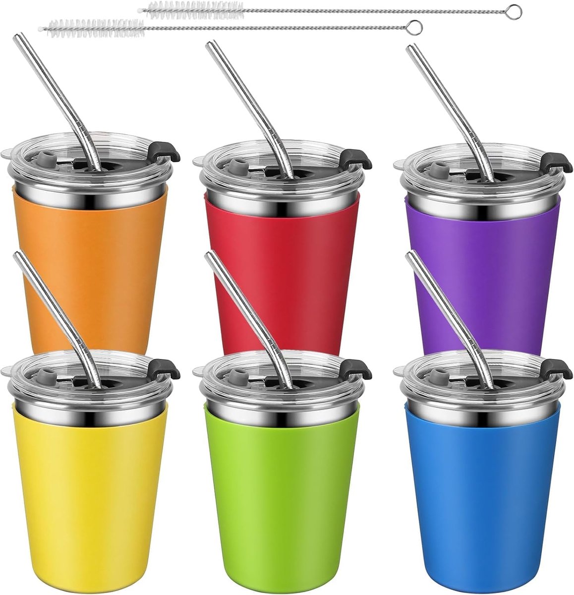 SnelShoppen - 6 Stuks Roestvrijstalen Bekers met Deksels en Rietjes - Onbreekbare Kinderbekers - Herbruikbare Drinkbekers - 360 ml - Felgekleurde Sili
