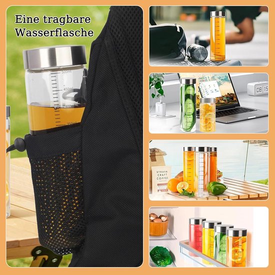 SnelShoppen - Glazen flessen met roestvrijstalen deksel, herbruikbare smoothiebeker met maatschaal, glazen sapflessen voor sappen, smoothies en melk ( van Snelshoppen — afbeelding 5
