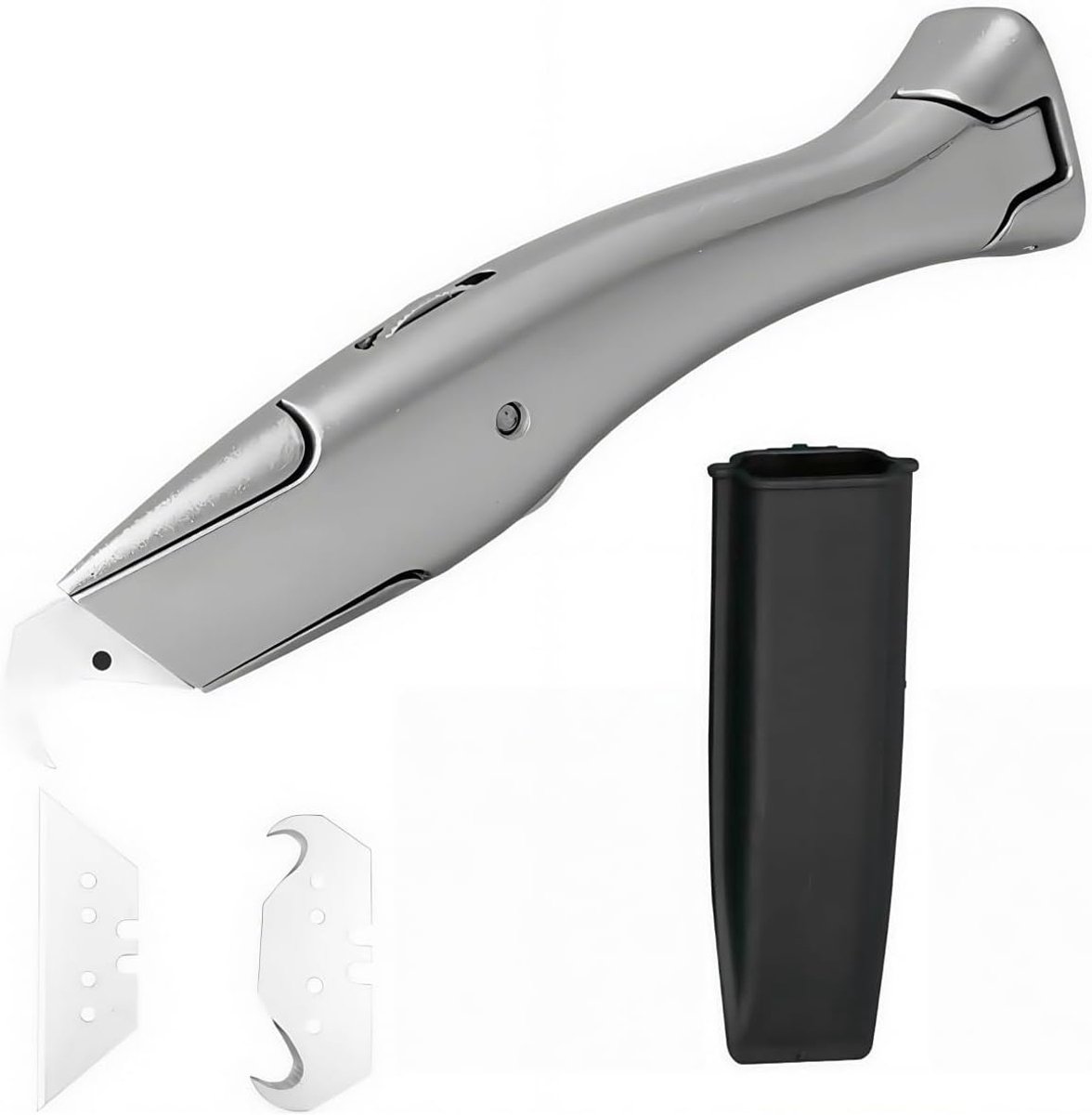 Thijox - 4 stuks professionele tapijtmessen met haaklemmet en trapeziumlemmet, robuust aluminium, cuttermes voor tapijt en pvc-vloeren, zilver
