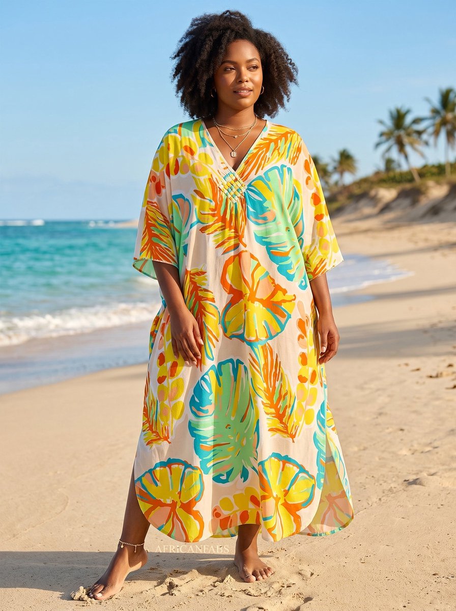 Boho rayon kaftan jurk - Wit Turkoois Island Palms - Strand Cover Up Caftan Maxi Jurk