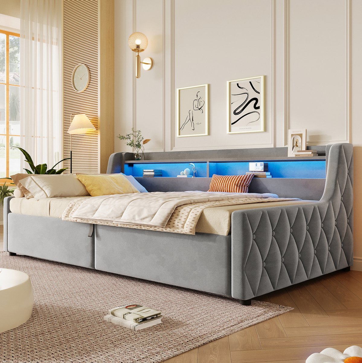 OKWISH Bed 90x200 cm - Gestoffeerd Eenpersoonsbed Met Led Hoofdbord En Hydraulische Opbergruimte - Zonder Matras - Grijs
