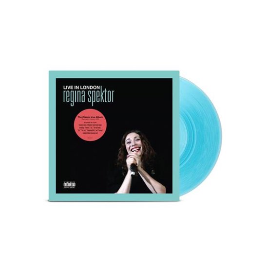 Regina Spektor Live in London, sur vinyle turquoise. Chanteuse avec un microphone sur la pochette.