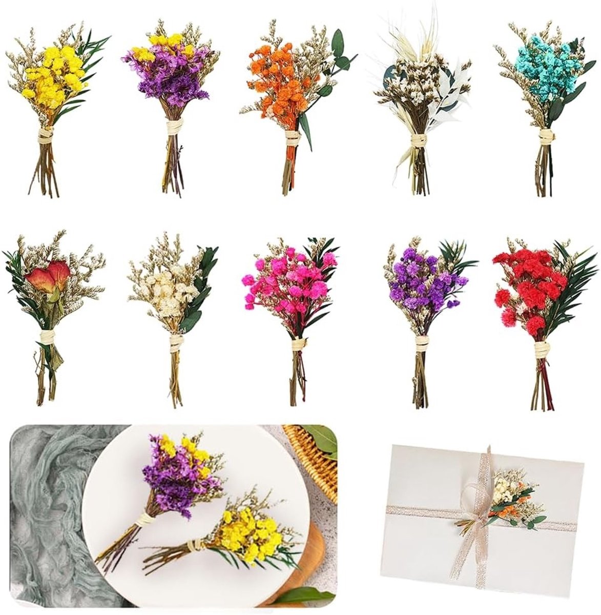 Set van 10 Kleine Gedroogde Bloemen, Mini Boeket voor Decoratie, Natuurlijke Bloemen voor DIY en Ambachten