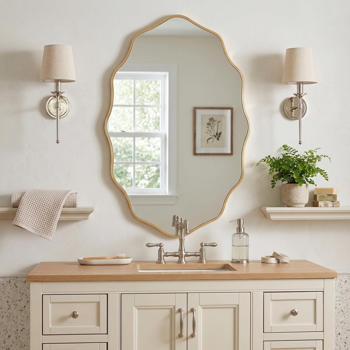 Ronde Wandspiegel met Golfpatroon en Houten Lijst, Decoratieve Spiegel voor Badkamer, Hal en Woonkamer, Natuurlijke Houten Afwerking en Elegant Ontwerp
