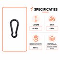 Zwarte karabijnhaak met specificaties: lengte 60mm, dikte 6mm, breeksterkte 90kg, materiaal geanodiseerd staal.