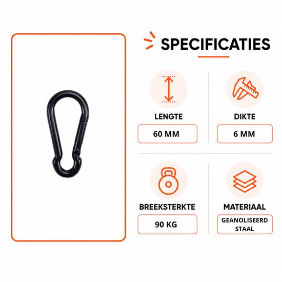 Zwarte karabijnhaak met specificaties: lengte 60mm, dikte 6mm, breeksterkte 90kg, materiaal geanodiseerd staal.