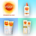 Collage van Vision zonnebrandproducten, waaronder een spray, tubes en dozen met SPF 30 en Extra Care.