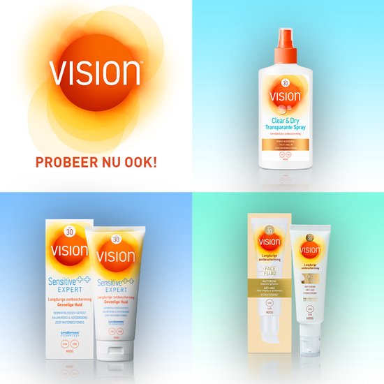 Collage van Vision zonnebrandproducten, waaronder een spray, tubes en dozen met SPF 30 en Extra Care.