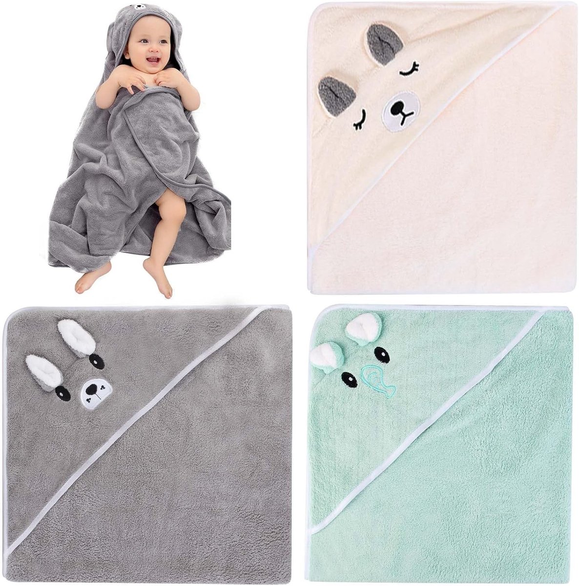 Hooded Baby Handdoeken Set van 3 Stuks: Zachte Badhanddoeken voor Pasgeborenen, Ideaal als Baby Cadeau en Voor Badtijd (105 x 105 cm, Grijs)