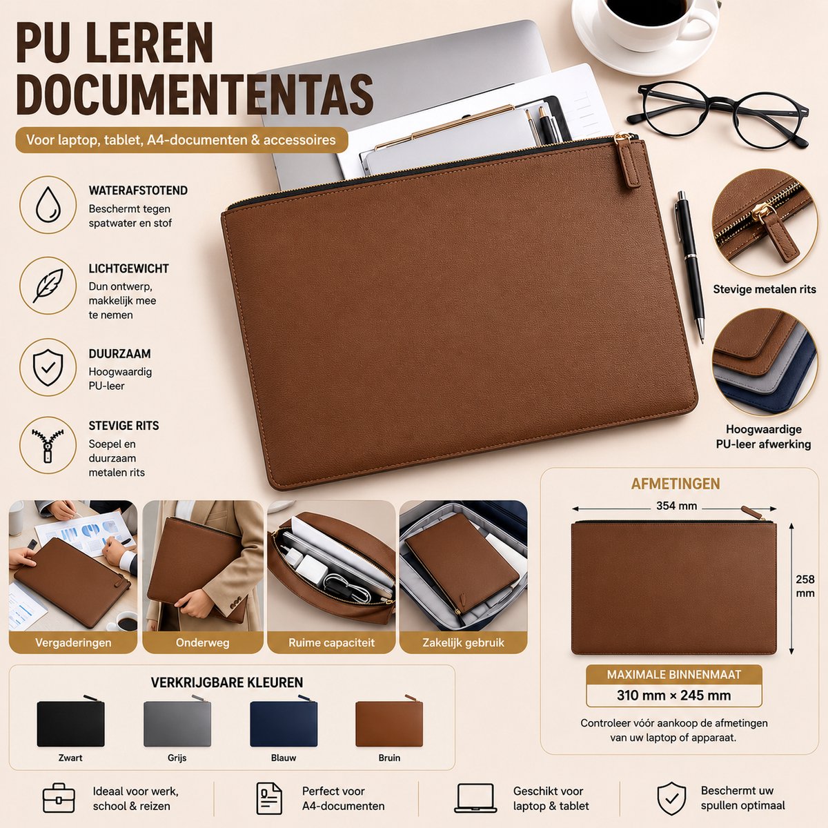 Tas PU Lederen Documententas met Rits – Laptophoes – Geschikt voor Laptop, Tablet, A4-documenten & Accessoires – Waterafstotend – Bruin
