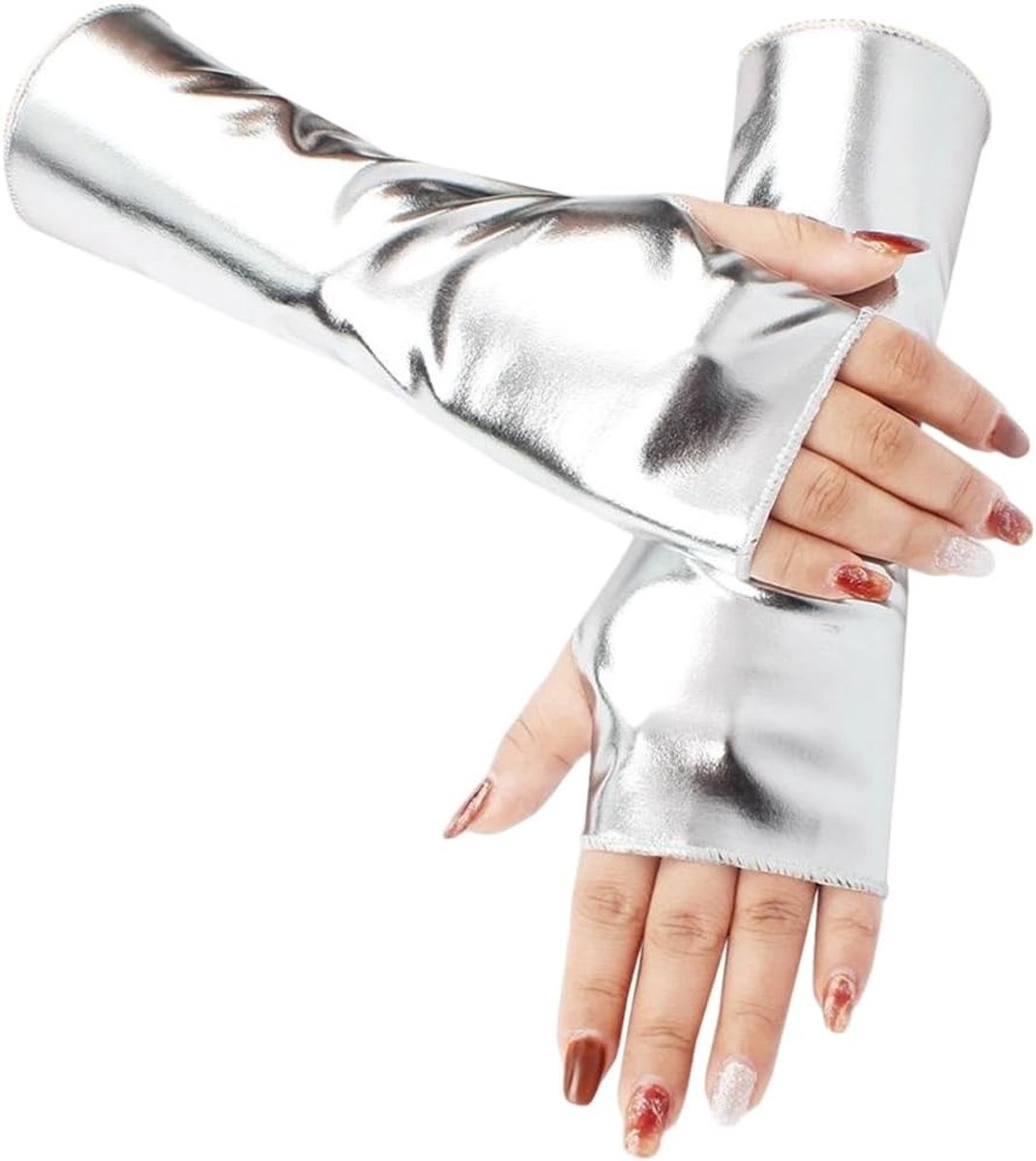 Zilveren Shiny PU Leren Vingerloze Handschoenen voor Gothic en Punk Stijl, Elastische Halve Mouwen voor Festivals en Optredens