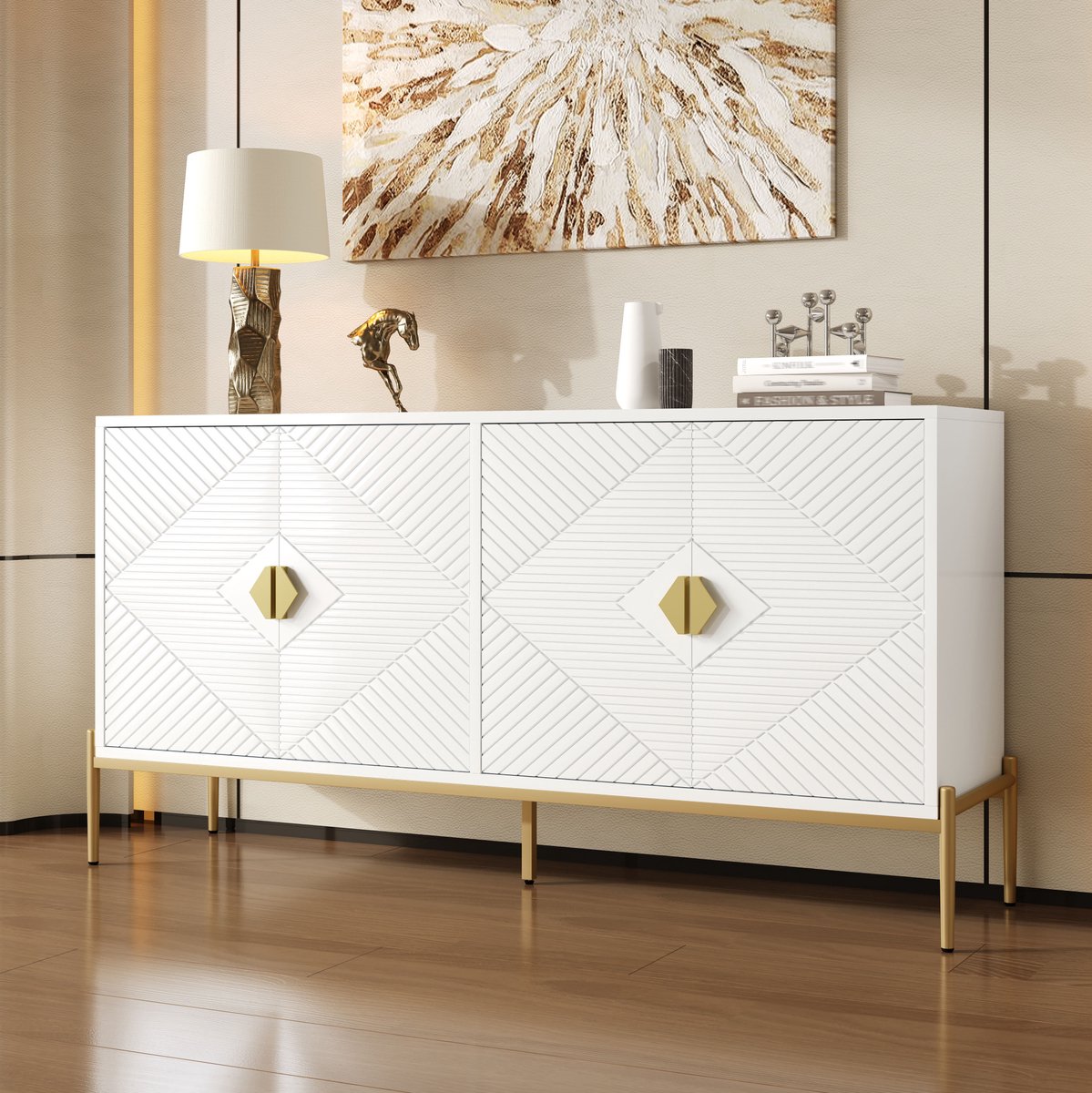 COVREO Buffetkast 162 x 40 x 80 cm - wit, geometrisch design met metalen poten