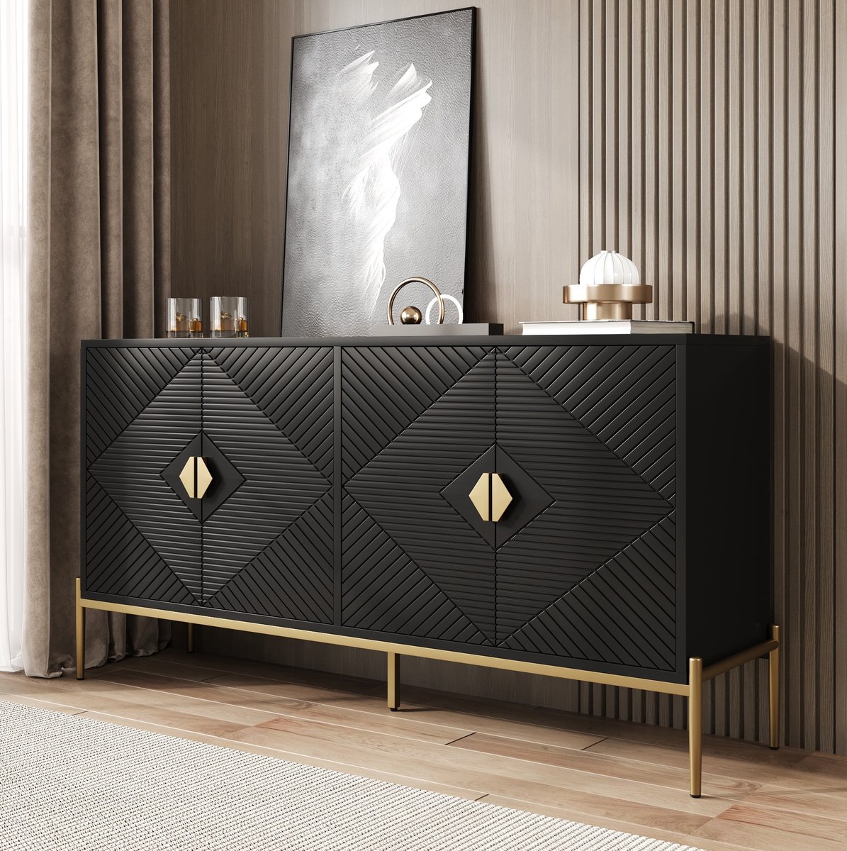 COVREO Dressoir 162 x 40 x 80 cm - 4-deurs opbergkast met geometrisch design, zwart