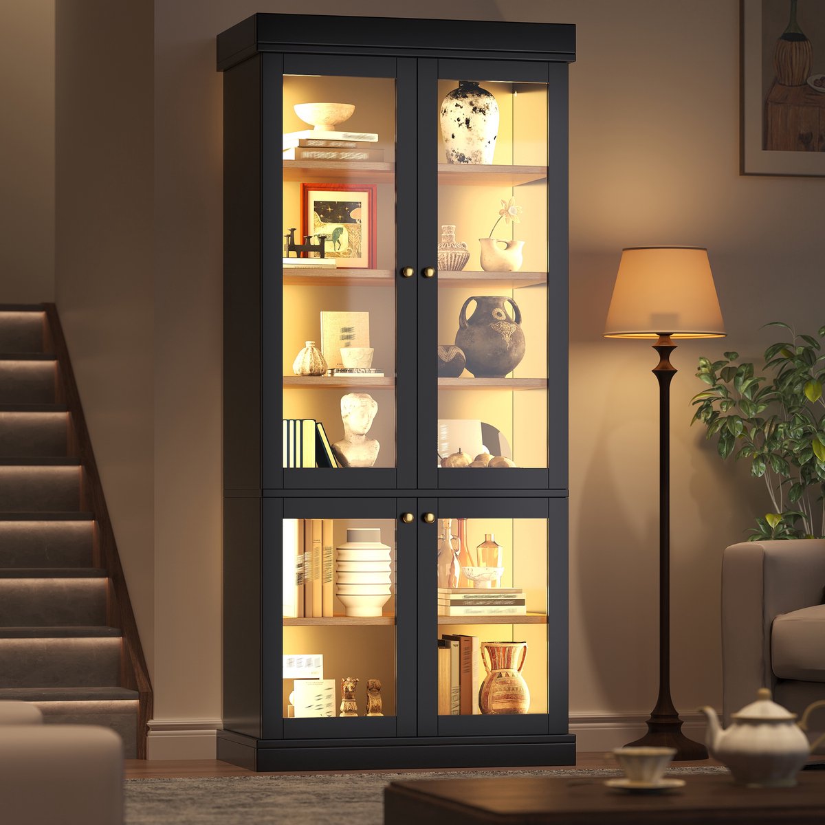 PHOEBE CAT Vitrinekast - Boekenkast - LED-verlichting - Glazen deuren - Kantelbeveiliging - Zwart