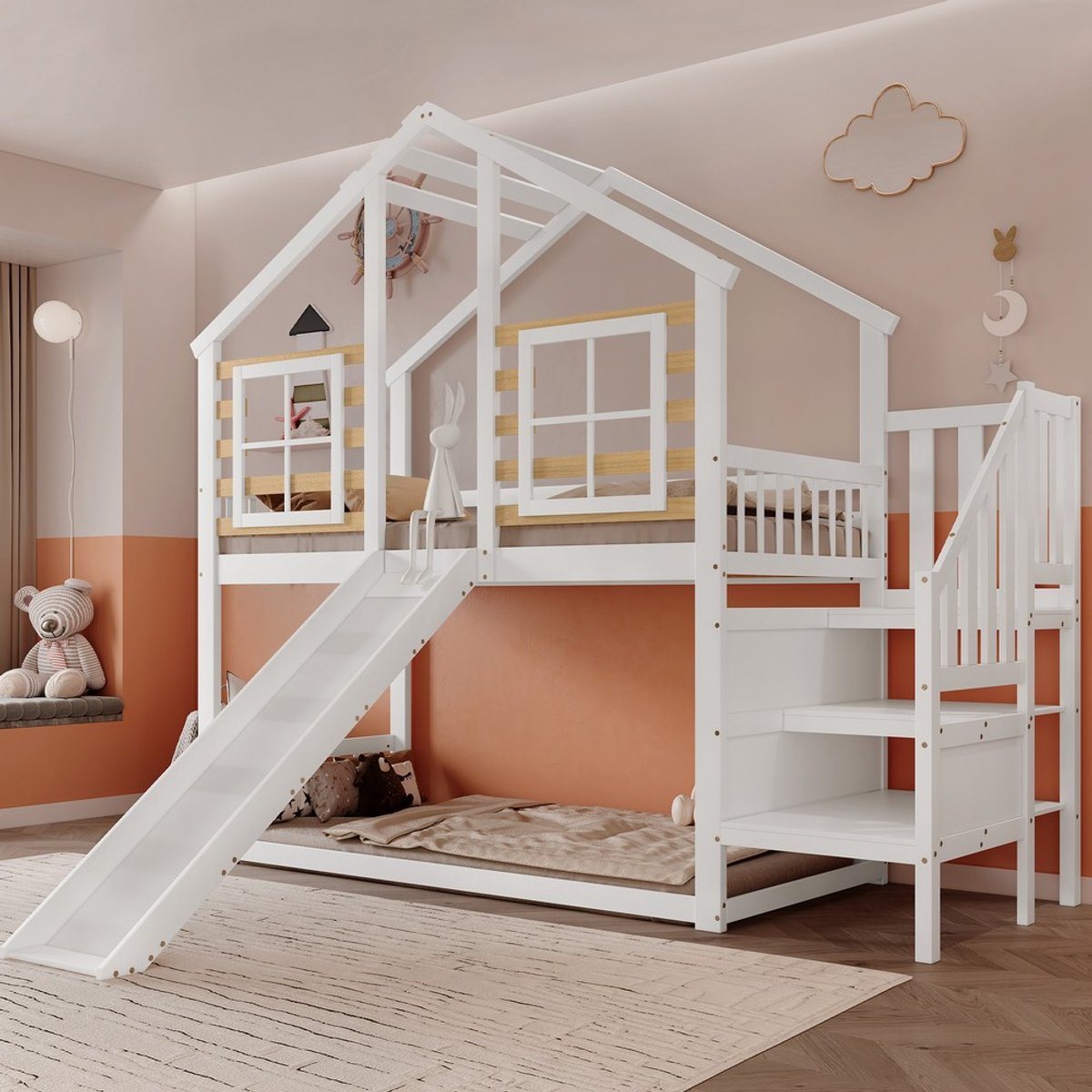 KOMHTOM - Houten stapelbed - 90 x 200 cm - Trap en spijlen - Glijbaan en raam - Wit blokhut-kinderbed