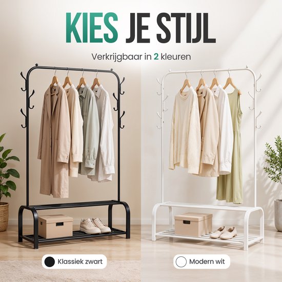 Choisissez votre style: disponible en noir classique et blanc moderne, avec espace de suspension et étagère à chaussures.