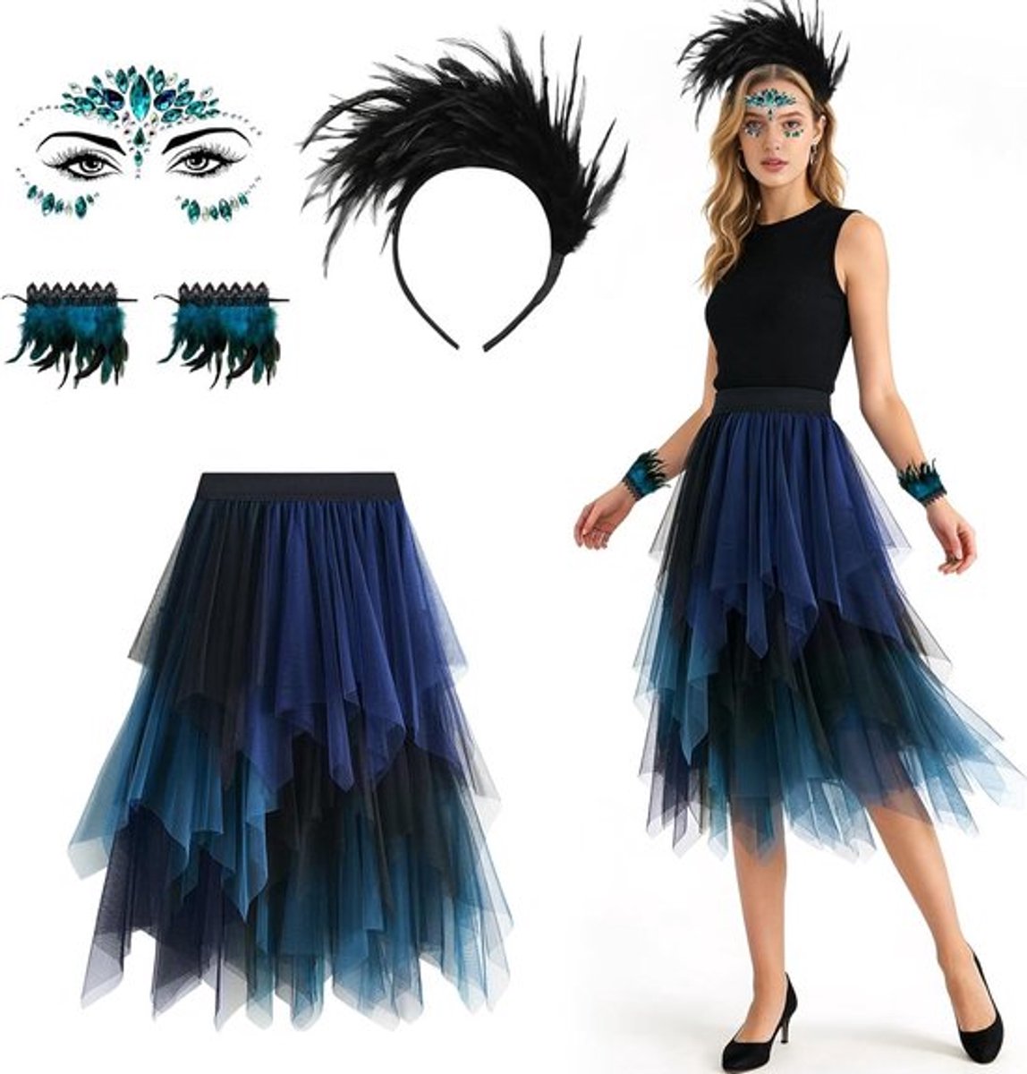 Elegante 4-delige Tulle Rokset voor Vrouwen - A-Lijn Midi Rok, Ongelijke Tutu Rok, Feestelijke Kostuums voor Halloween, Cosplay en Carnaval