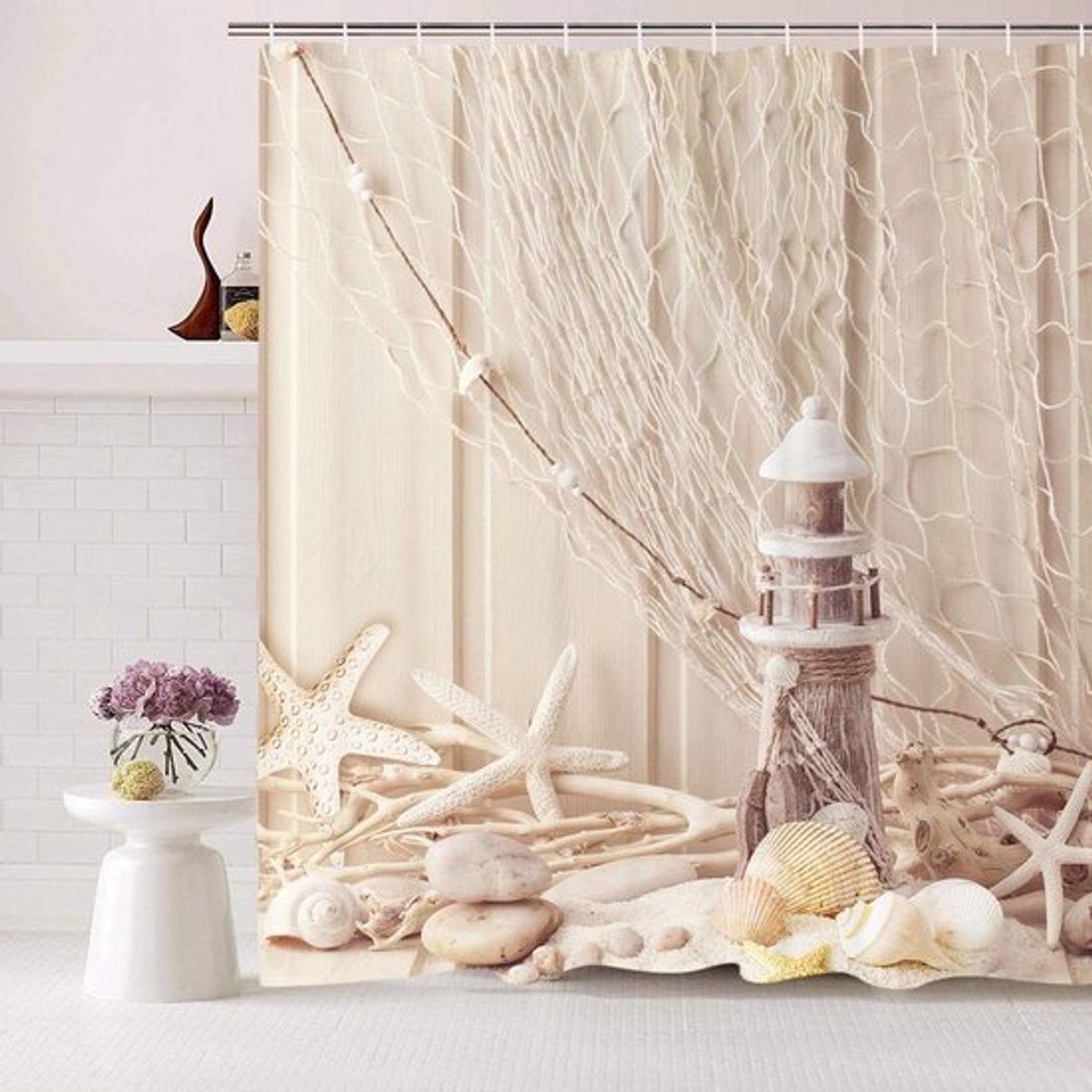 Textiel Douchegordijn 180 x 200 cm - Schelpenprint - Polyester - Anti-schimmel - Beige Kleur