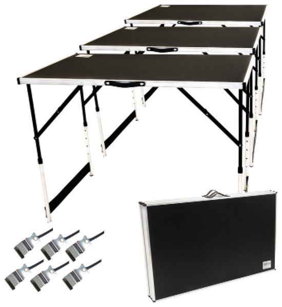 Drie opgestelde tafels van 100 cm, een opgevouwen tafel en zes verbindingsclips.