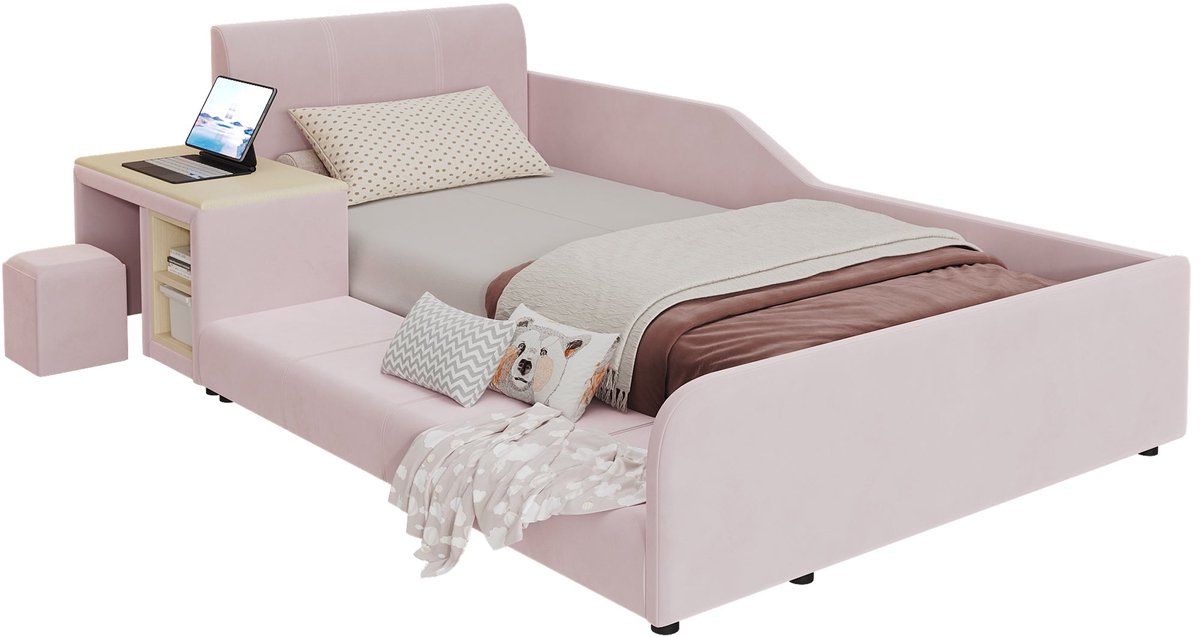 Merax Kinderbed 90x200 cm - Gestoffeerd Bed Van Fluweel - Met Bureau En Kruk - Opbergplank - Houten Lattenbodem - Roze