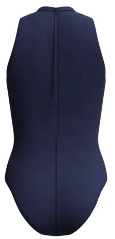 Achterkant van een donkerblauw Speedo sportbadpak voor dames, mouwloos met hoge hals en ritssluiting over de hele lengte.