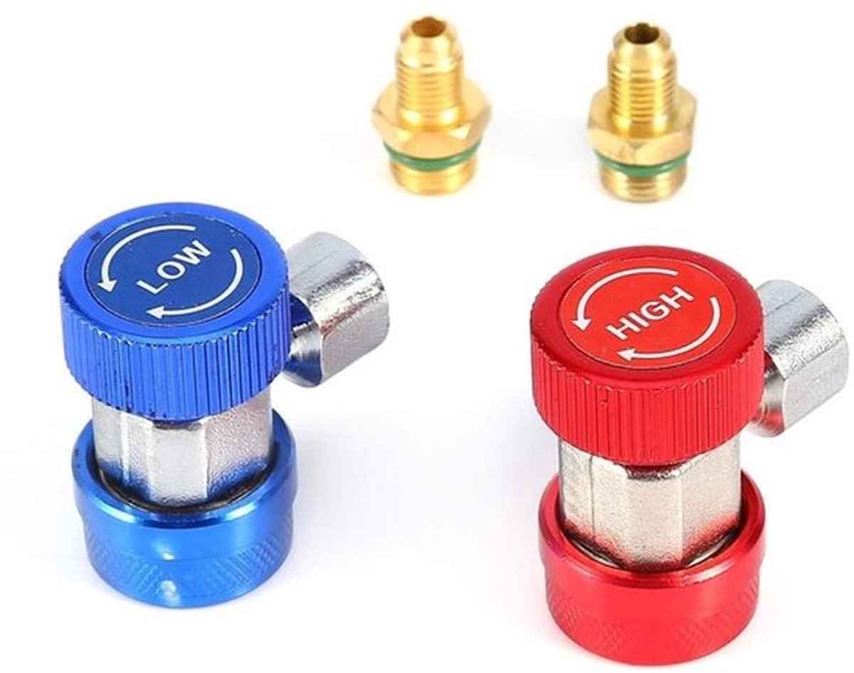 R134A Manifold Ventielblok Adapterset - Auto-Airconditioning - Veilig en Betrouwbaar - Blauw en Rood - Snelkoppeling