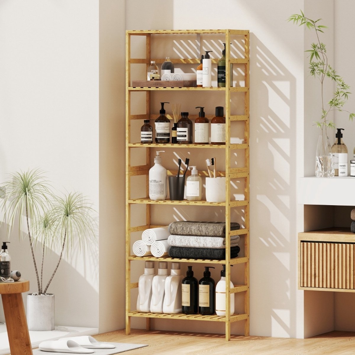 Boekenkast Verstelbare Planken 60 Cm Breed 26 Cm Diep 161 Cm Hoog Bamboe Naturaal Hout Vrijstaand Voor Woonkamer Keuken Badkamer En Kantoor
