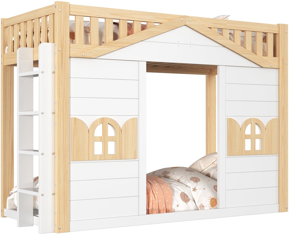 Merax Hoogslaper 90x200 cm - Kinderbed In Huisvorm - Open Speelruimte - Ladder Links Of Rechts - Veiligheidshek - Houten Lattenbodem - Wit En Natuurlijke Houtkleur
