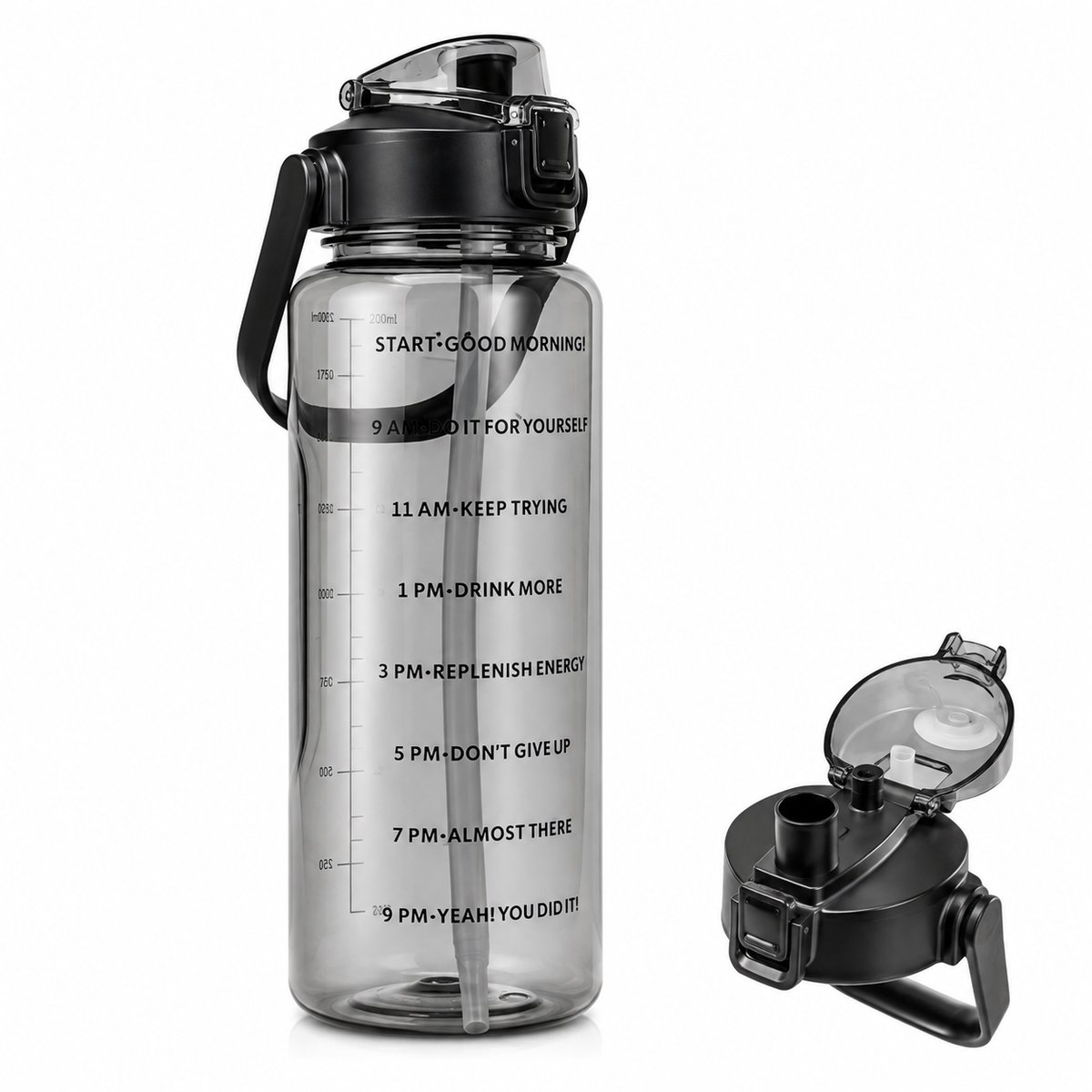 VHV - Grote Waterfles 2 Liter - Maatverdeling Waterflessen - Waterflessen met Strohalm - Lekvrije Waterkruik - BPA-Vrij - Voor Sportschool, Werk, School en Onderweg - Zwart