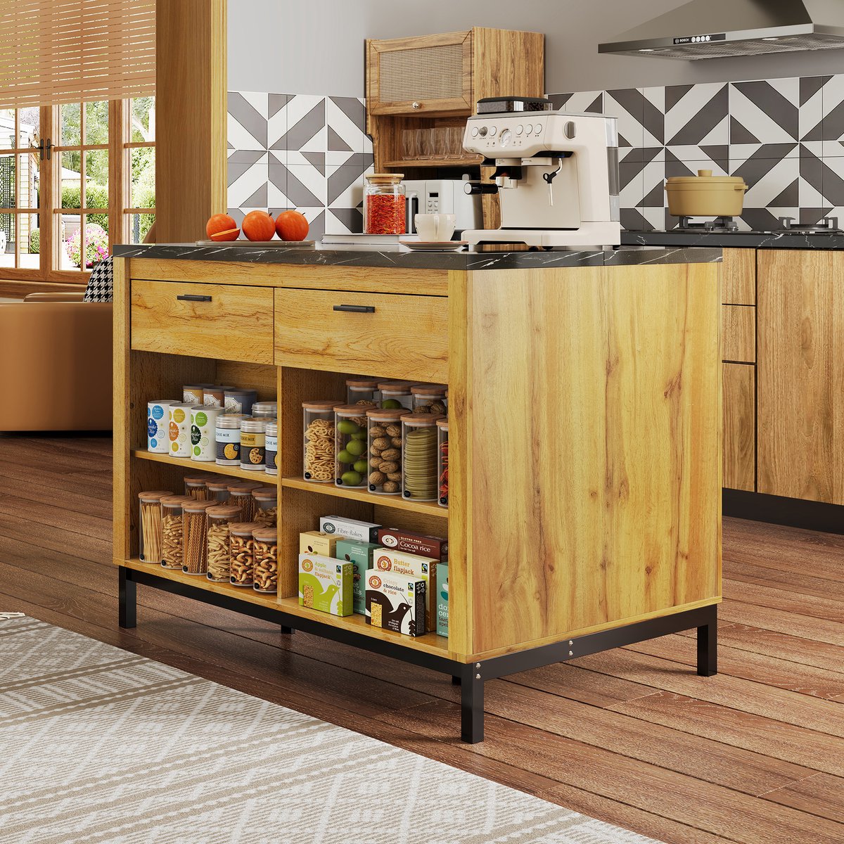 Keukeneiland - met opbergruimte - zwart en naturel - afmetingen 120 x 75 x 90 cm - materiaal mdf - voor een praktische en georganiseerde keuken