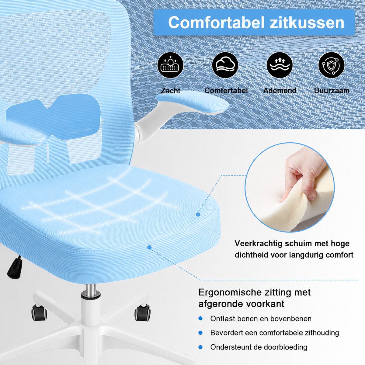 Durrafy Ergonomische Bureaustoel met Lendensteun - Blauw - afbeelding 3