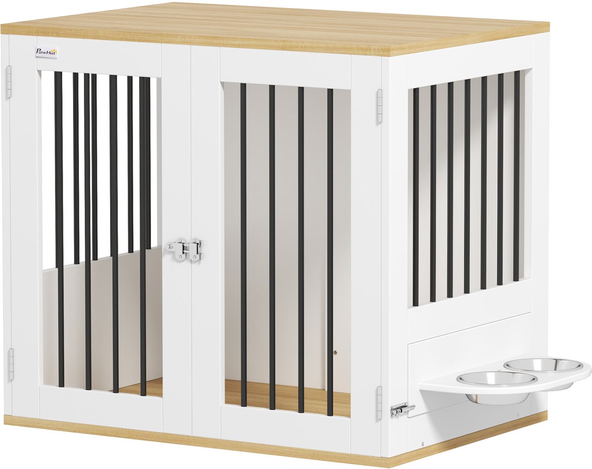 Hondenbench - Uitneembare en 360° draaibare voerbakken - 2 deurtjes - Geschikt voor middelgrote honden - 80 x 55 x 71,5 cm - Wit