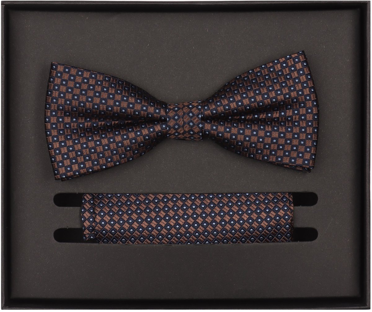 VENTI set met vlinderdas en pochet - bruin - donkerblauw - blauw dessin