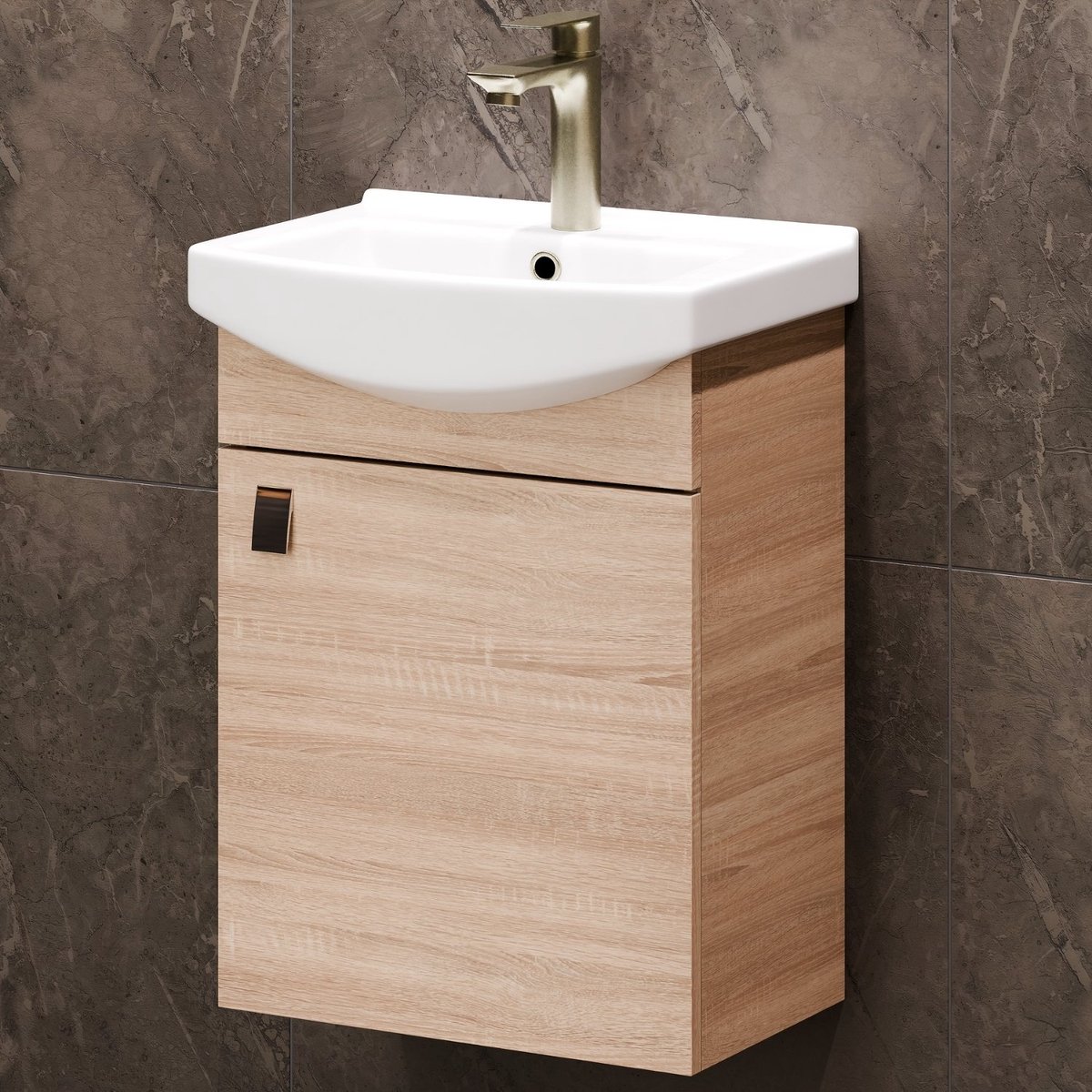 Planetmöbel Badkamermeubel Set 45 cm – Sonoma Eiken – Wastafelonderkast met Keramische Wastafel – Soft-Close