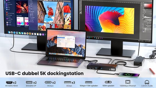 Een werkstation met twee monitoren, aangesloten op een laptop via een USB-C dubbel 5K dockingstation. De dockingstation heeft meerdere poorten.