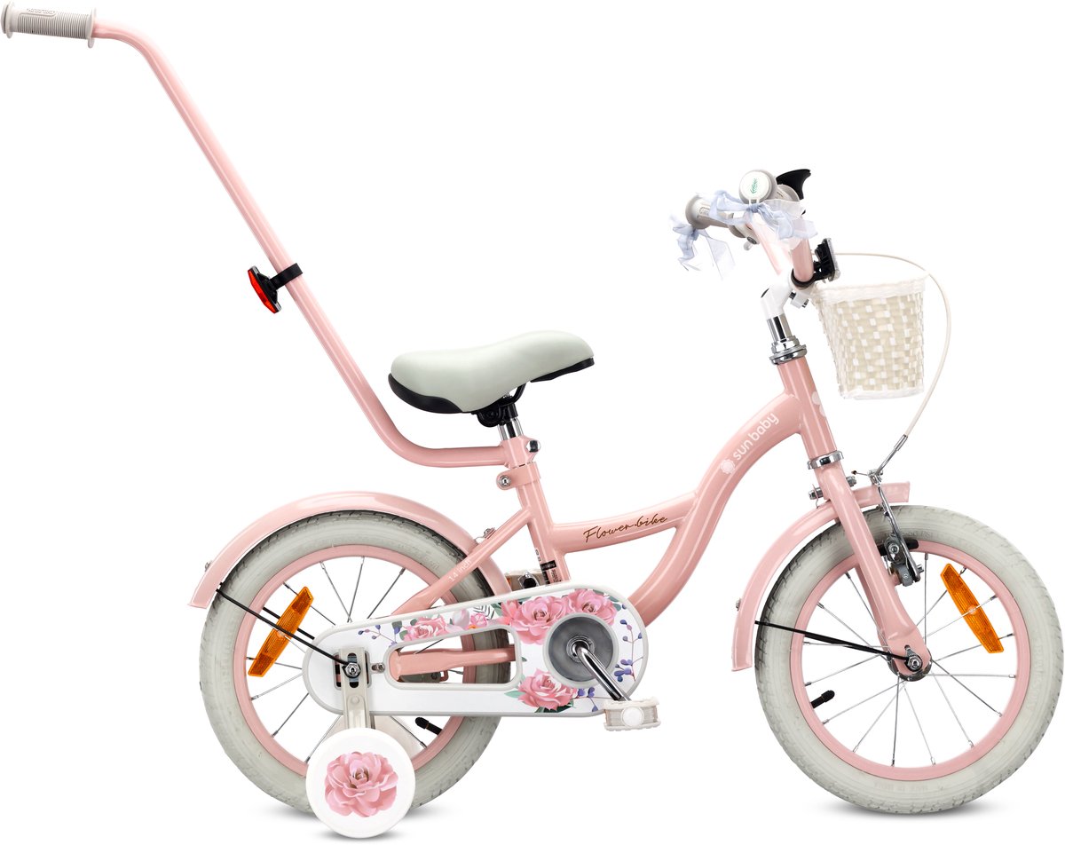 Flower Bike Fiets voor een meisje van 3 tot 5 jaar, 14 inch Roze, met fietsbel, zijwieltjes, duwstang en stuurmandje