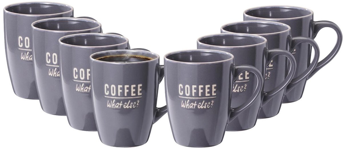 Siaki koffie kopjes Barista Cafe - 8x stuks - donkerblauw - 220 ml - mokken - keramiek - 10 cm - met koffie thema teksten
