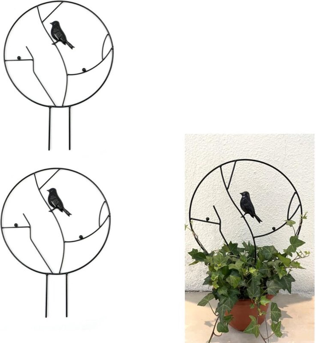 Een set van twee vogelvormige plantenstandaards, plantenstandaards geschikt voor bloeiende planten, smeedijzeren klimrekken, geschikt voor plaatsing in een cirkel in de tuin.