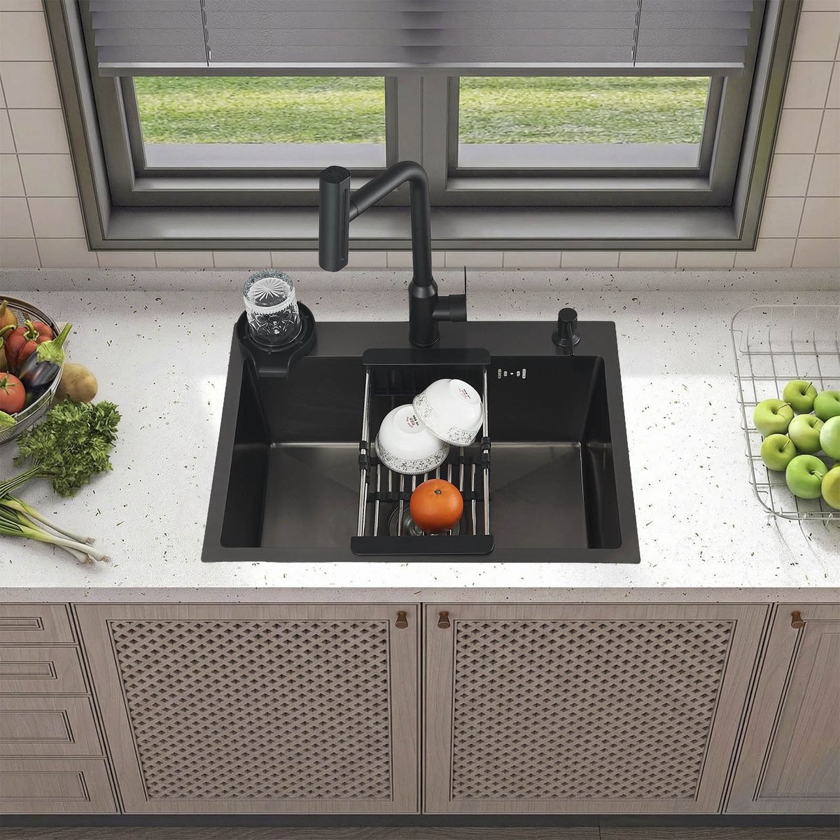 Keukenwasbak 60x45cm RVS Zwart met uittrekbare kraan 4 waterstanden, glazenspoeler, zeepdispenser en afdruiprek, enkele spoelbak voor keuken