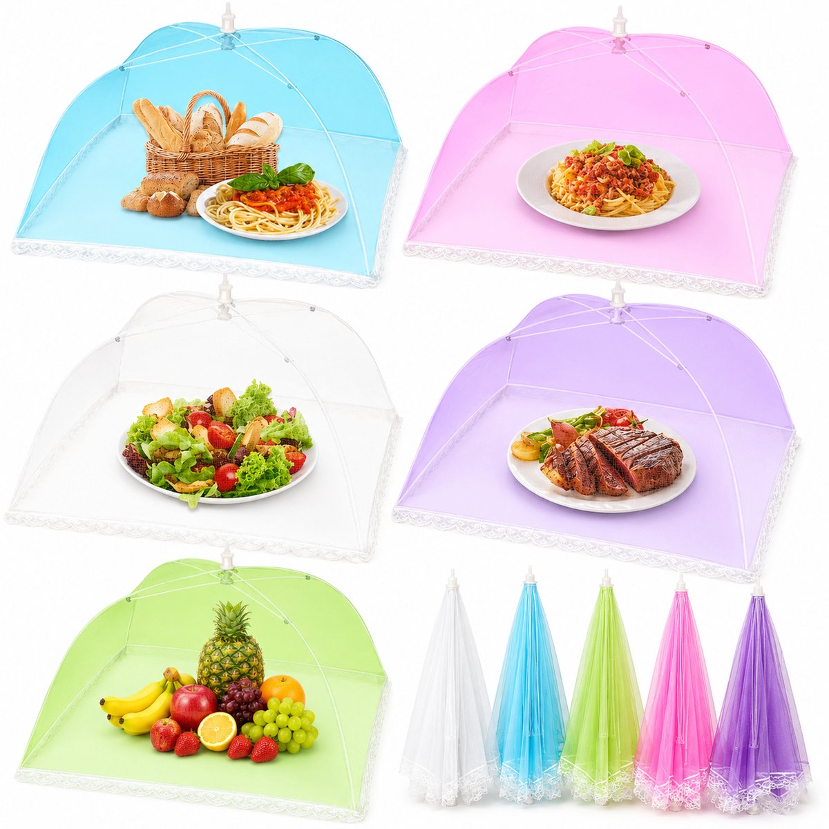 VHV-5 Voedselafdekking - Beschermt eten tegen vliegen - Opvouwbaar pop-up ontwerp - 32 x 32 cm - Herbruikbare vliegenhoes voor picknick, barbecue en terras - Gaas met gegalvaniseerd staaldraad - Set van 5(Wit + Blauw + Groen + Roze + Paars)