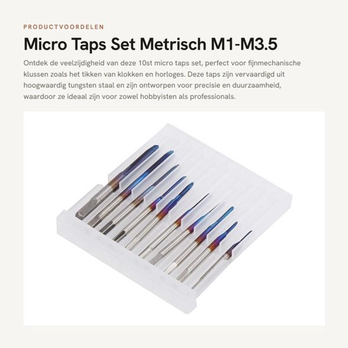 Micro Taps Set van 10 - Metrisch M1-M3.5 - Tungsten Staal - Mini Spiral Flute - Draad Machinetap - Geschikt voor Klokken en Horloges - Tapset